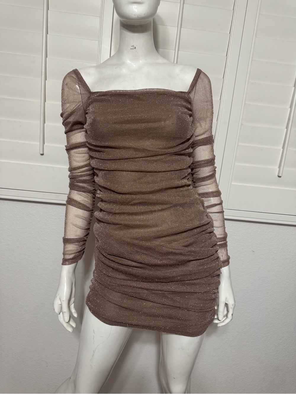 New Medium gold long sleeve short stretchy ruched dress cocktail Evening